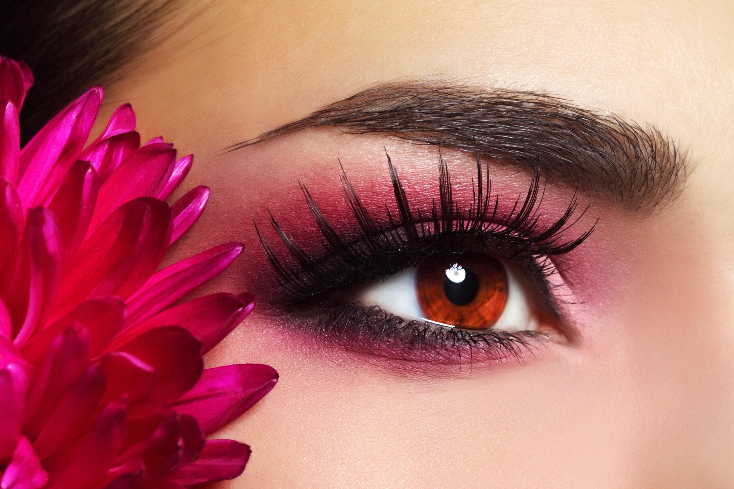 Close-up of an eye with bold pink eyeshadow and long eyelashes